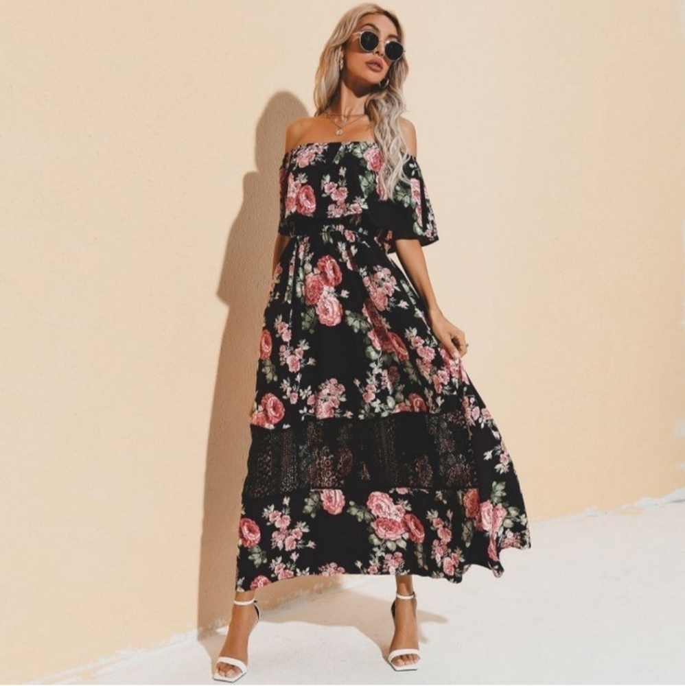 Pink and Black Floral Mesh Lace Detail Dress - Off Shoulder Dress